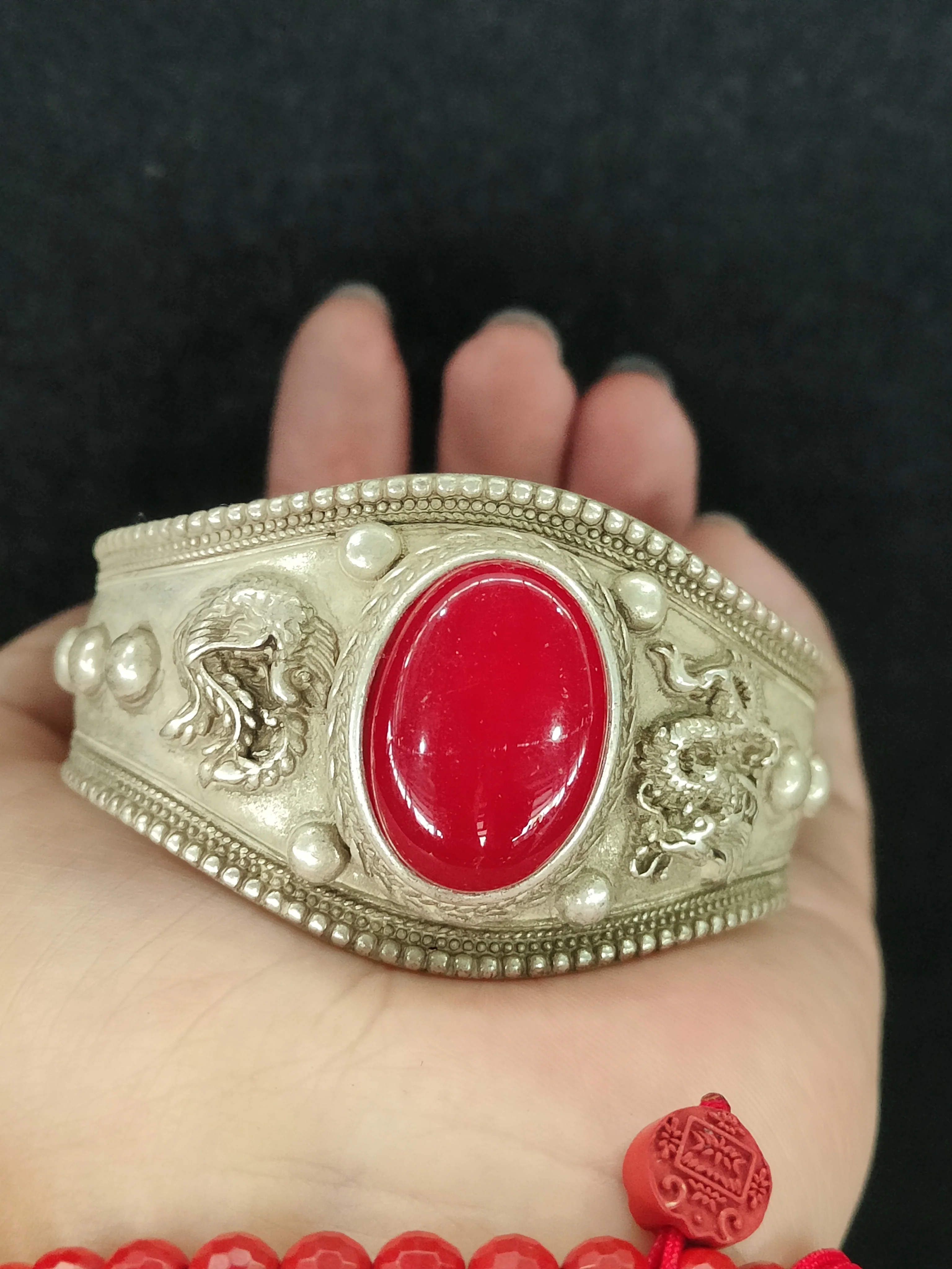 Chinese Miao Silver wide plate bracelet ruby inlaid with silver dragon Phoenix Chengxiang carved opening decorative bracelet