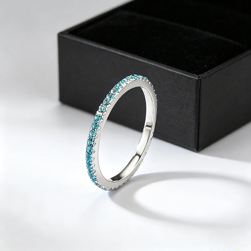

S925Silver full-band Paraiba blue ring for daily stacking and commuting, diamond ring available for custom order