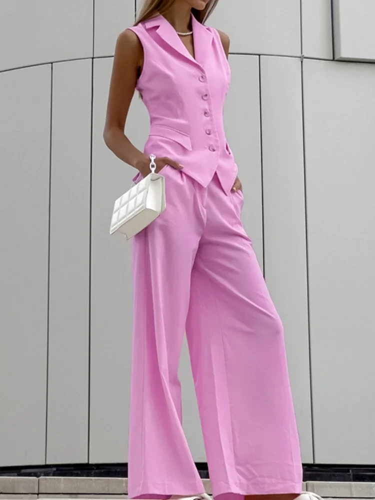 

Female Fashion Elegant Lapel Sleeveless Spliced Button Top High Waist Wide Leg Pant Sets Solid Color Two Piece Set for Women