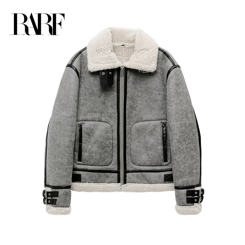 RARF 2024 men's new gray thick lapel fur one fleece double-sided jacket Warm men's motorcycle jacket top