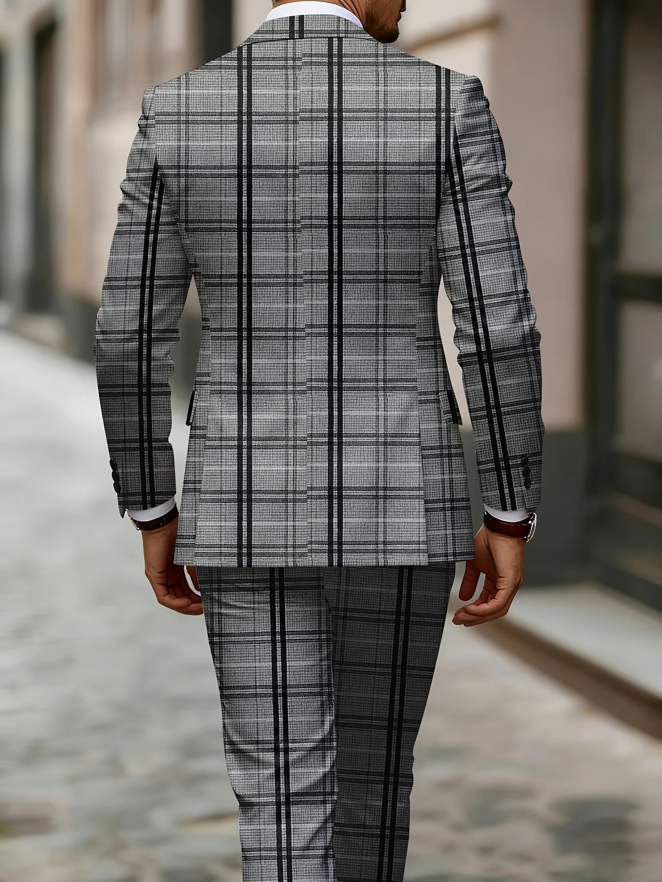 European American Style Men's Business Fashion High Quality Grey Two-Piece Suit Plaid Print Casual Style