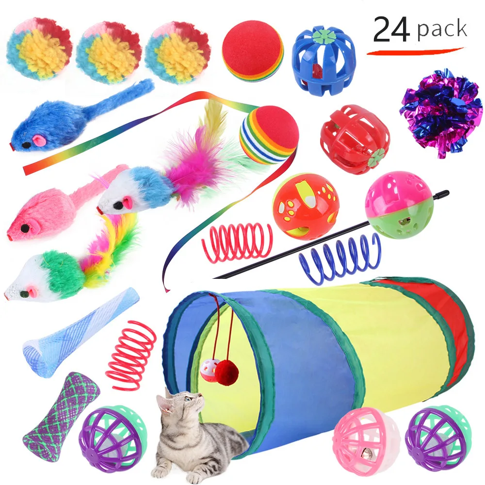 

Cat Toys Set Rainbow Foldable Kitten Tunnel Mouse Shape Balls Teaser Stick Funny Tent Mouse Supplies Simulation Fish Accessories