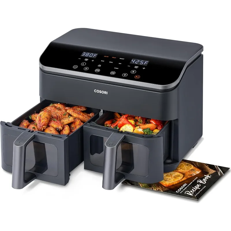 10-in-1 Dual Air Fryer, Fresh Balanced Meals for Family and Children with Double Baskets, Sync Cook & Finish to Bake,