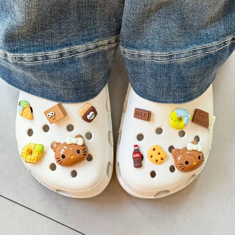 Cute Kawaii Food & Hello Kitty Shoes Charms Set Sweet Dessert Shoe Accessories 3D Resin Decorations for Sandals Gift for Girls