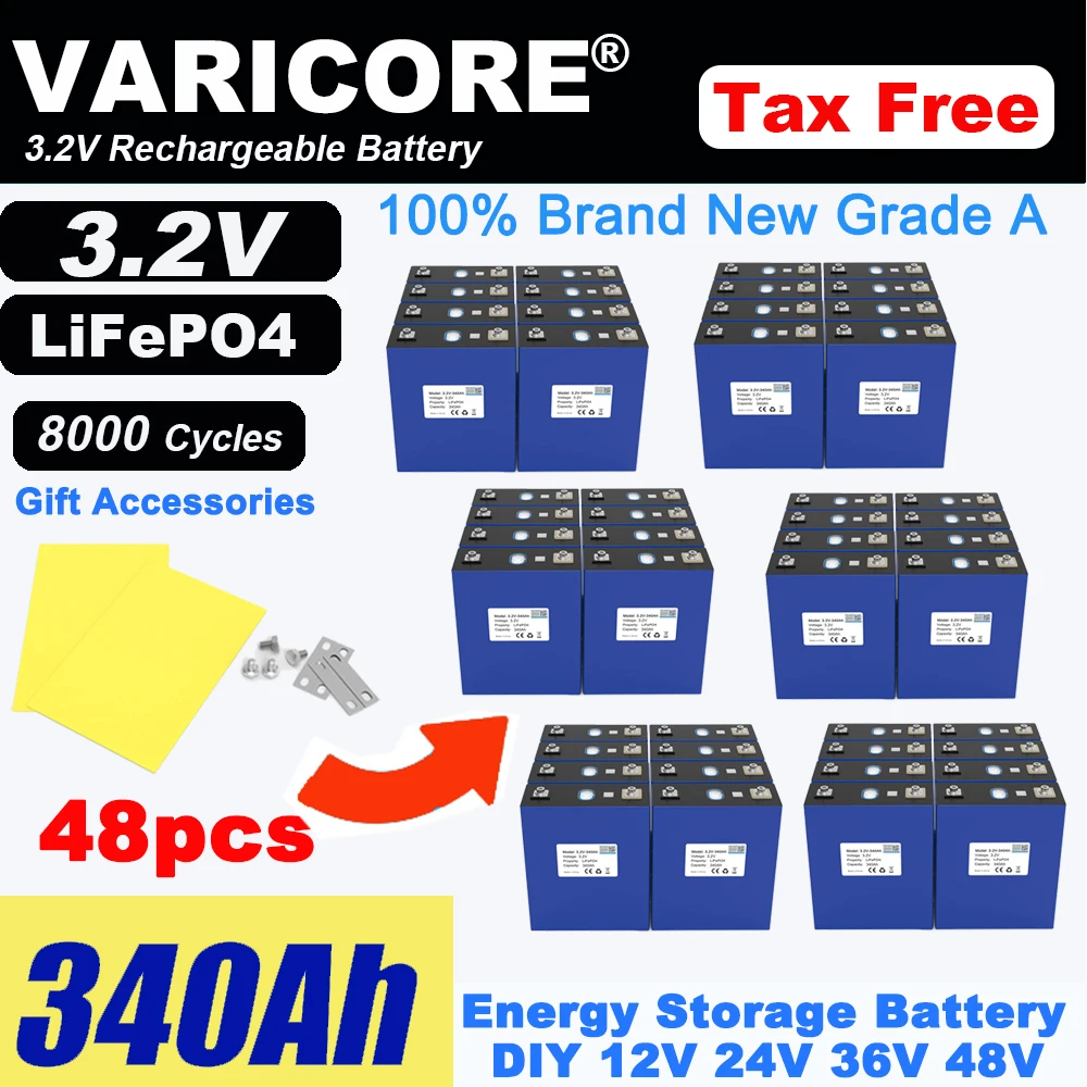 

48x VariCore 3.2V 340Ah Lifepo4 Battery 8000Cycle Lithium Iron Phosphate for 12v 24v Travel Solar Campers Golf Cart Yacht