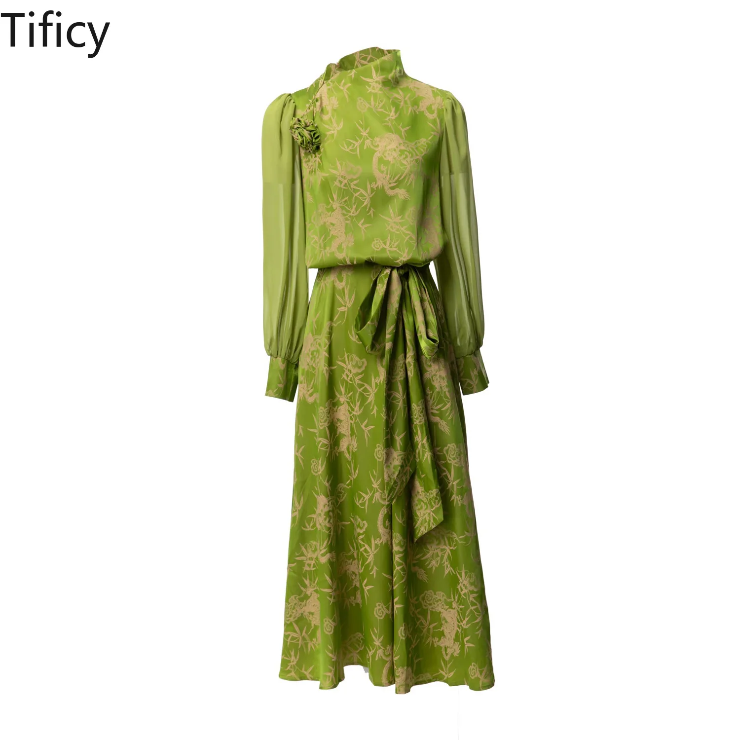 

High Quality 2024 Spring and Summer New Women's Standing Collar Long Sleeved Waist Tied Up with Flower Binding Midi Dresses