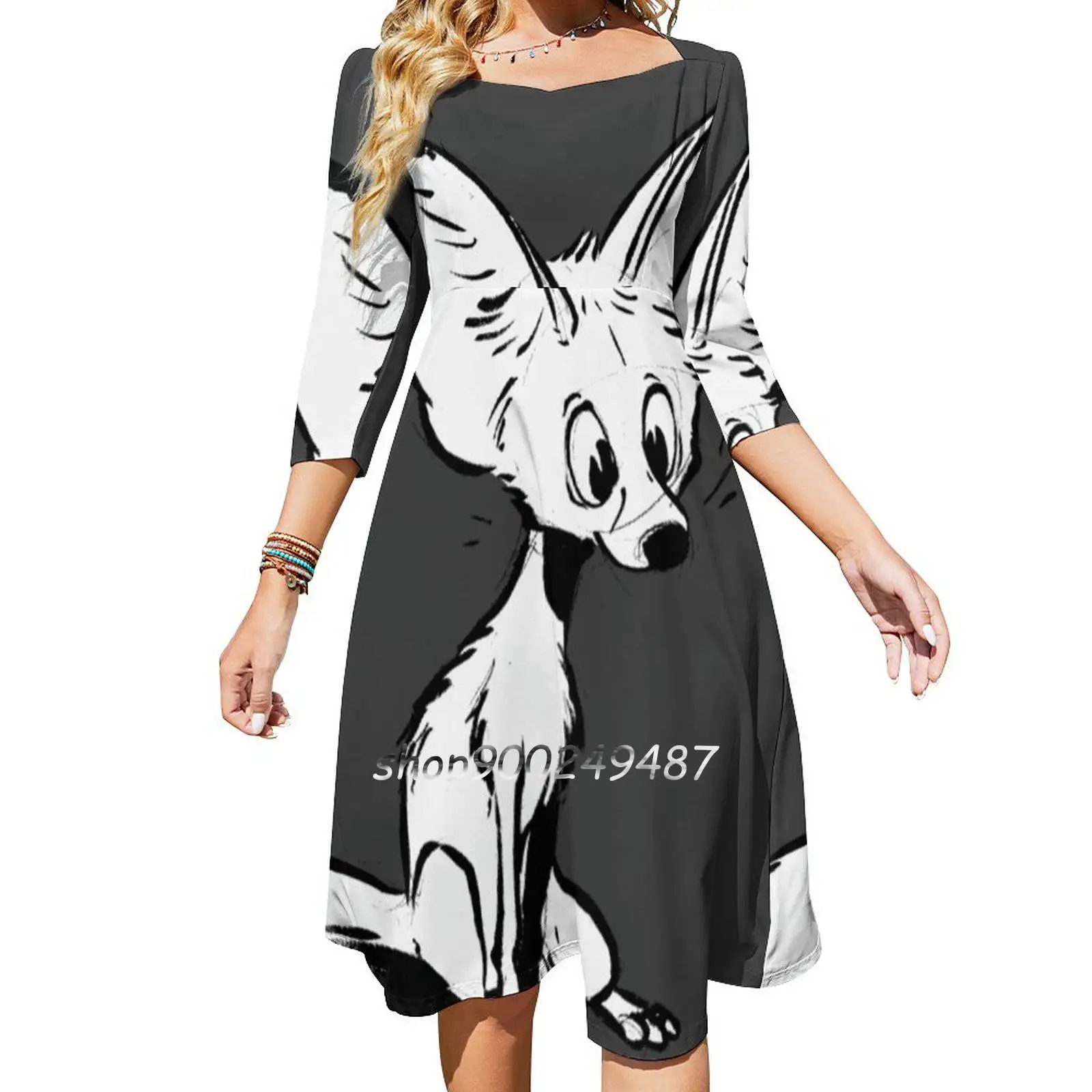 Fennec Square Neck Dress New Plus Size Elegant Women Waist Tight Dress Sketch Animal Cartoon Wildlife Fox Fennec Desert Fox Big