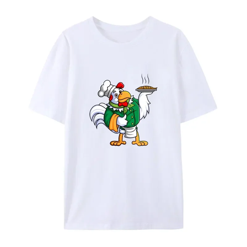 Funny Jokes Geek Cartoon Tees A Rooster Working As A Professional Chef Is Carrying A Plate of Fresh Grilled Fish Cotton T Shirt