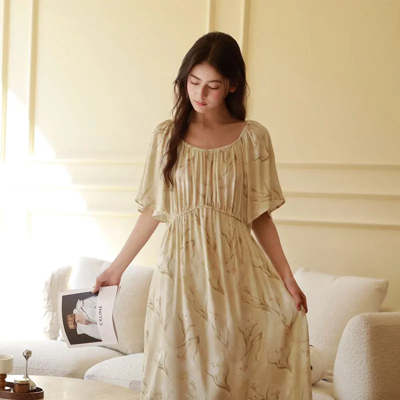 2025 Satin Short-sleeved Sleep Dress One-word Shoulder Adjustable Nightgown Loose Leisure Viscose Sleepwear