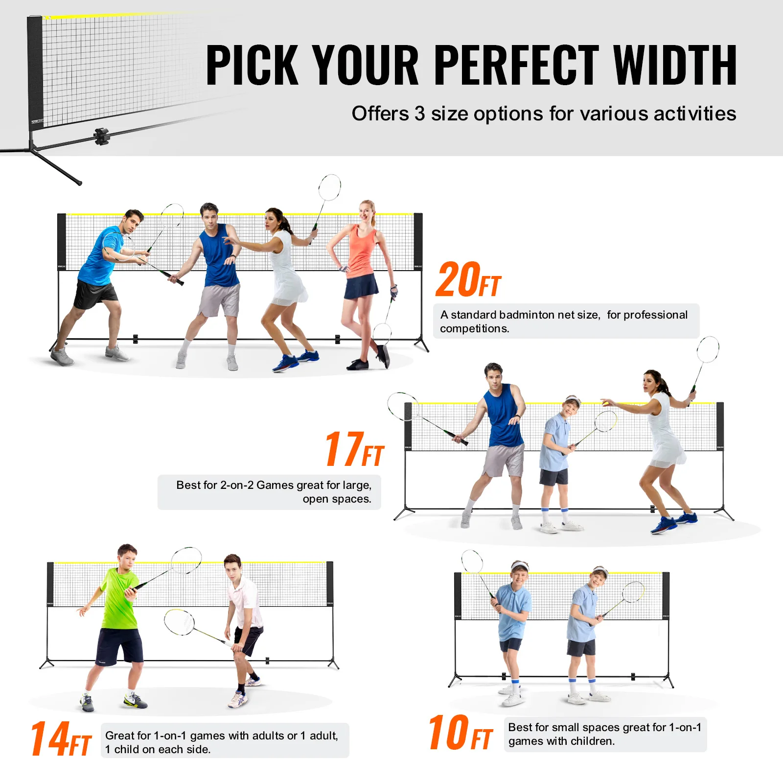 VEVOR 10/14/17FT Badminton Net Height Adjustable Volleyball Net Wide Foldable Pickleball Net Portable Easy Setup Tennis Net Set