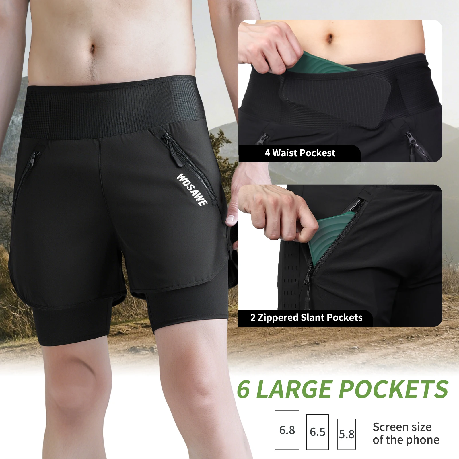 WOSAWE MTB Shorts Men 2 In 1 Quick Dry Running Shorts Multi-Pocket Breathable Double Layer Downhill Bike Cycling Shorts