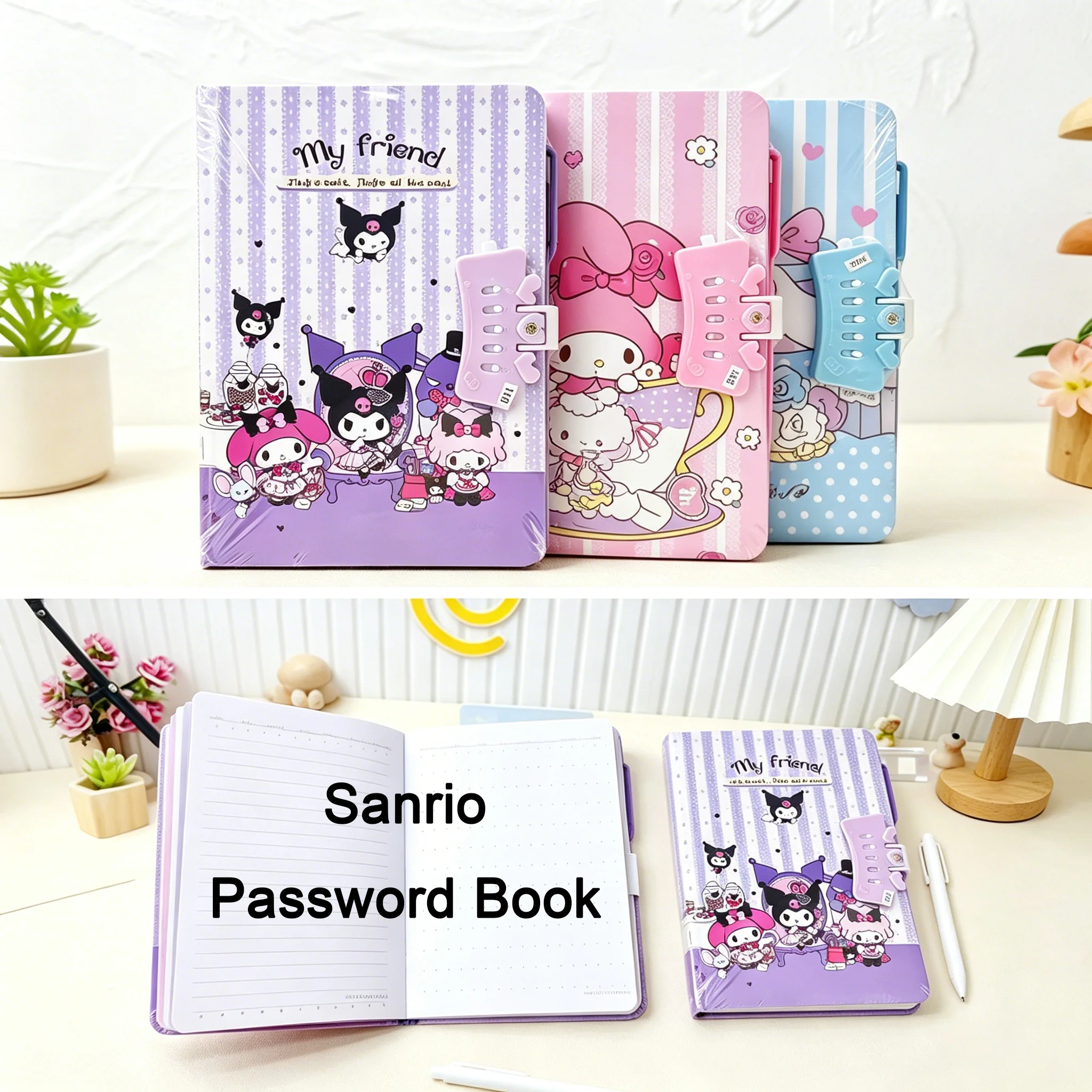 Carnet Sanrio avec serrure à combinaison, avec cadenas et stylo, agenda ligné 32K, journal secret, cadeau de papeterie mignon.