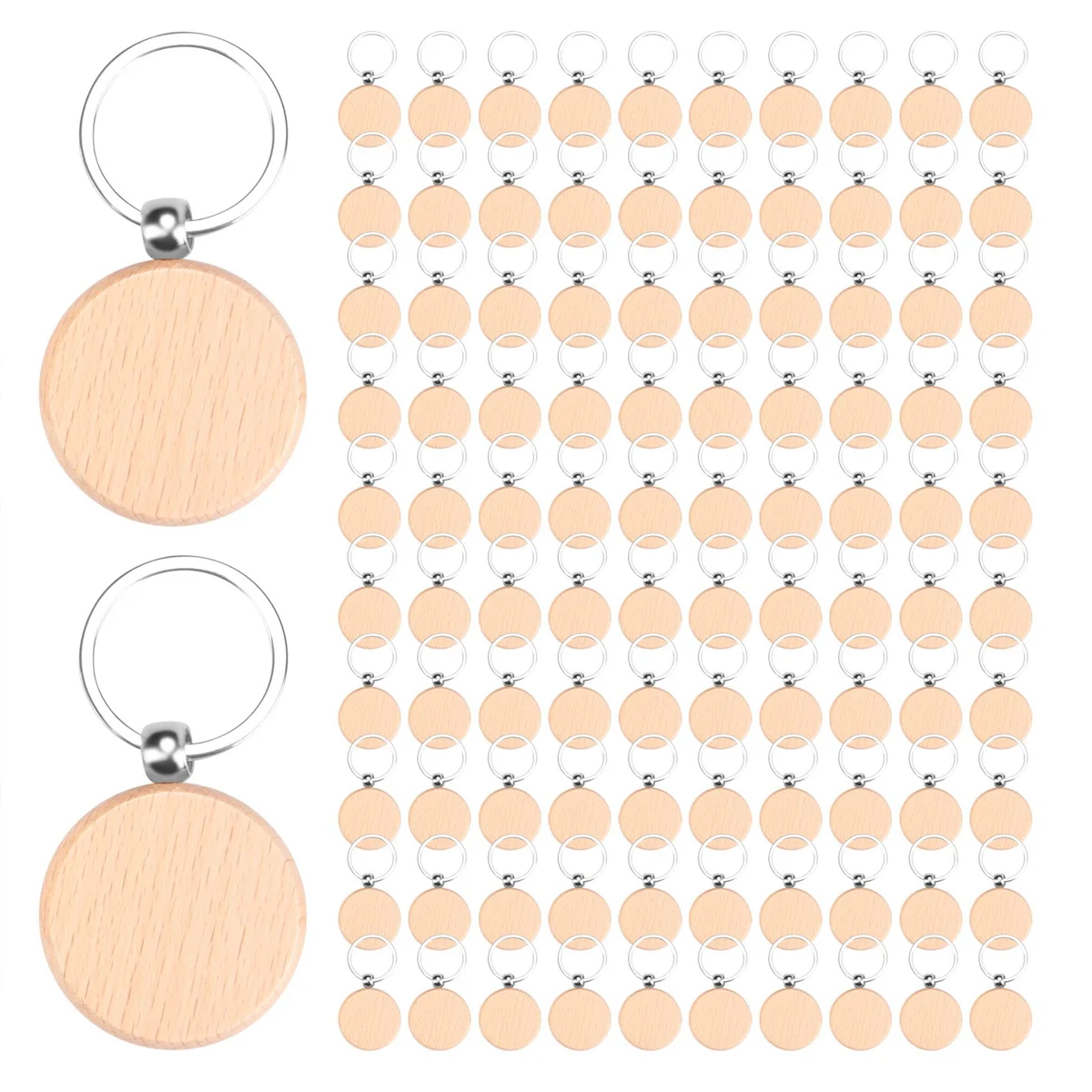 N89R 100Pieces Wooden Keychain Blanks Bulk Round Wood Engraving Blanks Unfinished Wooden Key Ring Key Tag B
