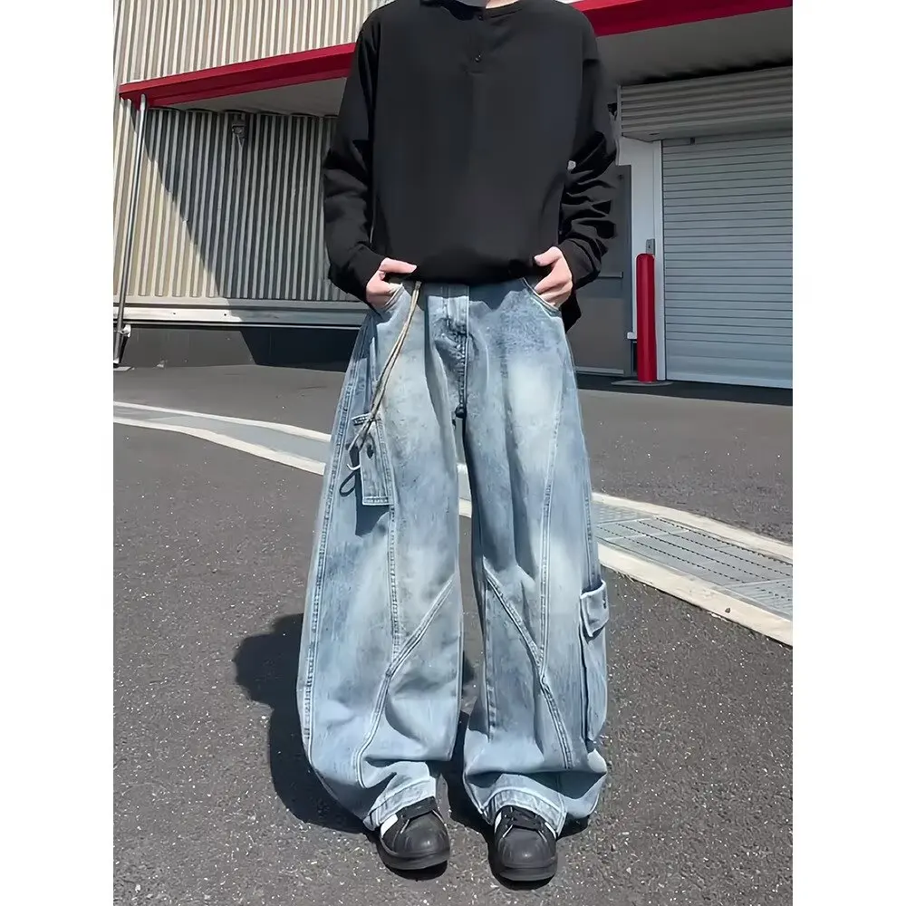 

Fall Winter plus Size 250 Pounds American Workwear Denim Pants with Pockets High Street Loose Wide Leg Straight Bamboo Texture