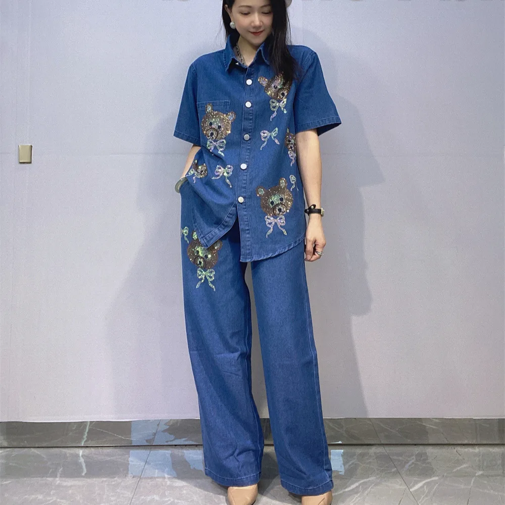 

Fashion 2 Piece Sets Womens Outfits Cartoon Bears Diamonds Denim Pant Set Summer Casual Cardigan Short Sleeve Cowboy Tracksuit