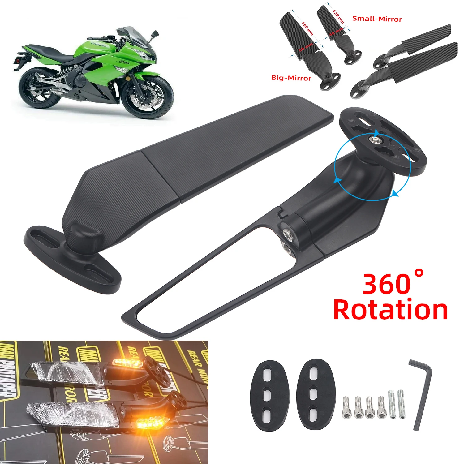 Rétroviseur de moto pour Kawasaki NINJA 300R 250R 400R NINJA1000 ER6F, aile de vent modifiée, rétroviseur rotatif réglable