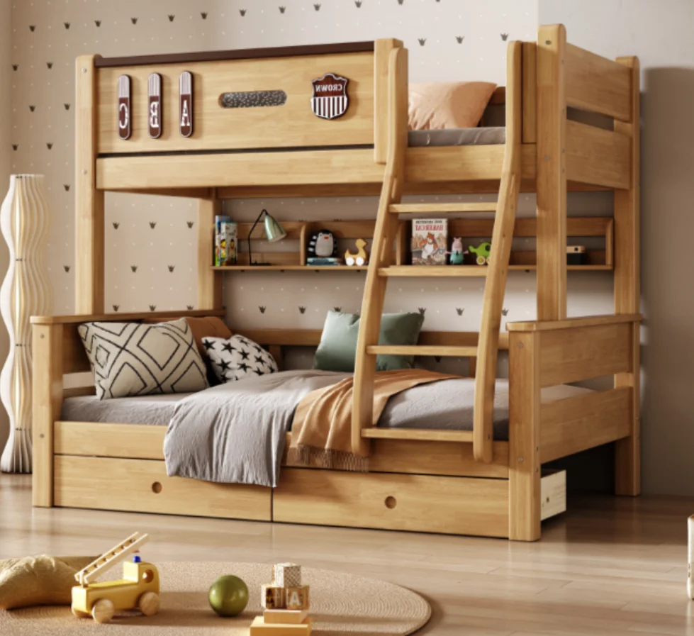 ！@Solid Wooden Bunk Bed with Integrated Bed Storage Solid Wooden Nature Oak Wooden Color up and Down Bunk Bed