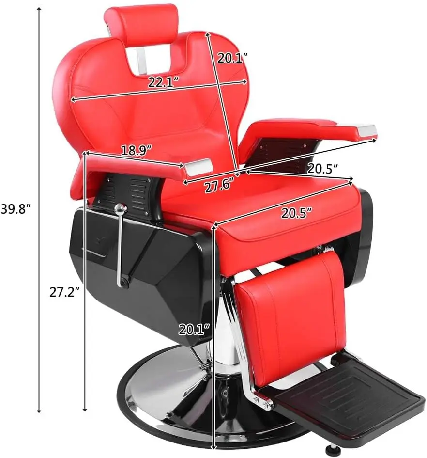 Cadeira de barbeiro multifuncional, resistente, 440 libras, giratória reclinável, hidráulica para barbearia, salão de cabeleireiro, vermelha