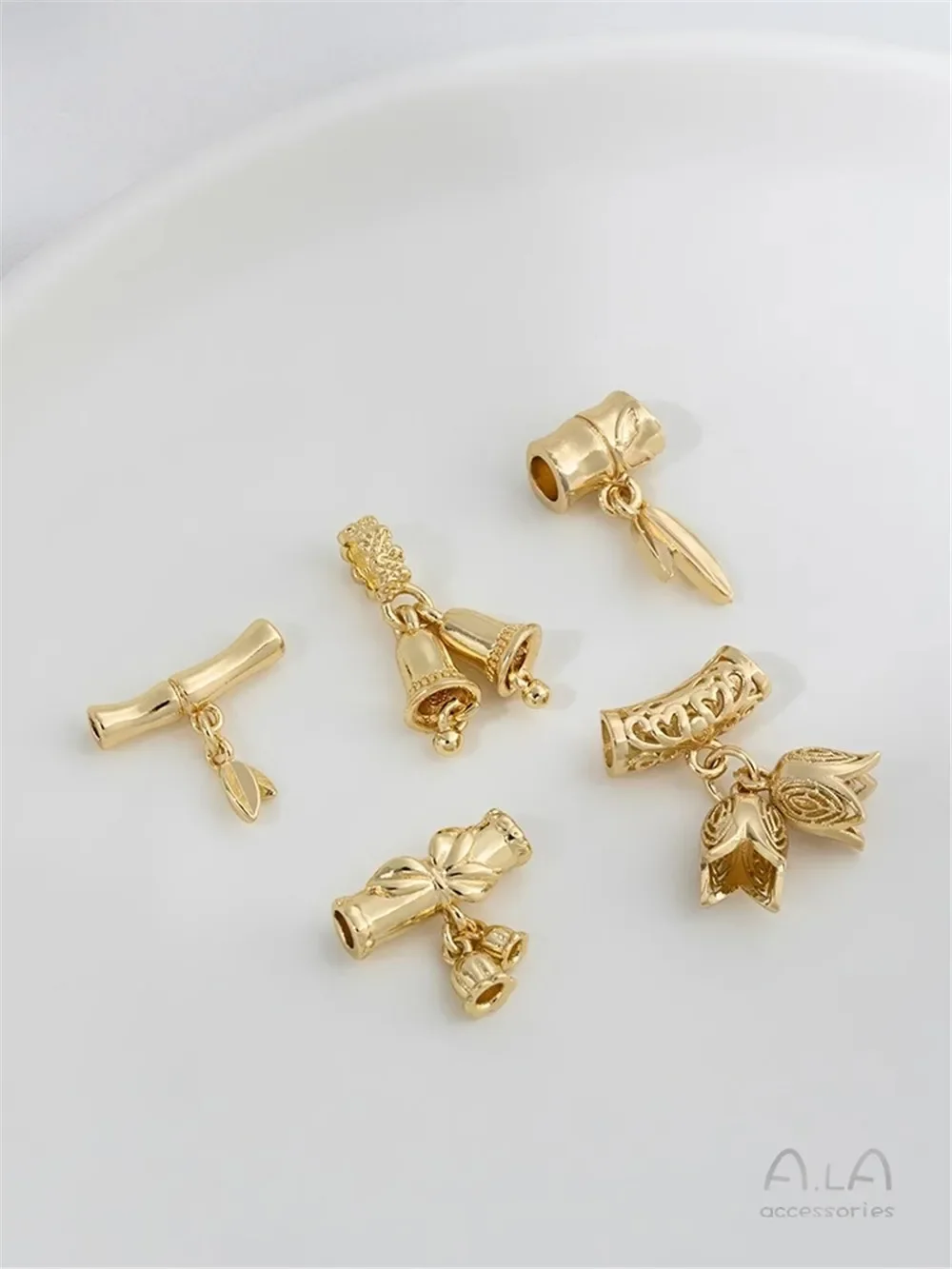 14K Gold-plated Bamboo Joint Tube Separated Beads Hanging Bamboo Leaves Flower Rings Orchids Bell Pendants DIY Bracelet Accessor