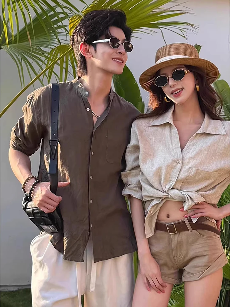 Island Vacation Style Men's Long Sleeve Sun Protection Silk Linen Shirt Short Pants Fashion Set Summer  Look Couple Outfit view 3