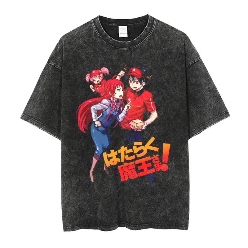 2025 Anime Hataraku Maou-sama! Graphic Printing Men Washed O-Neck Short Sleeve Summer Casual Oversized Tshirt Unisex Tops Tees