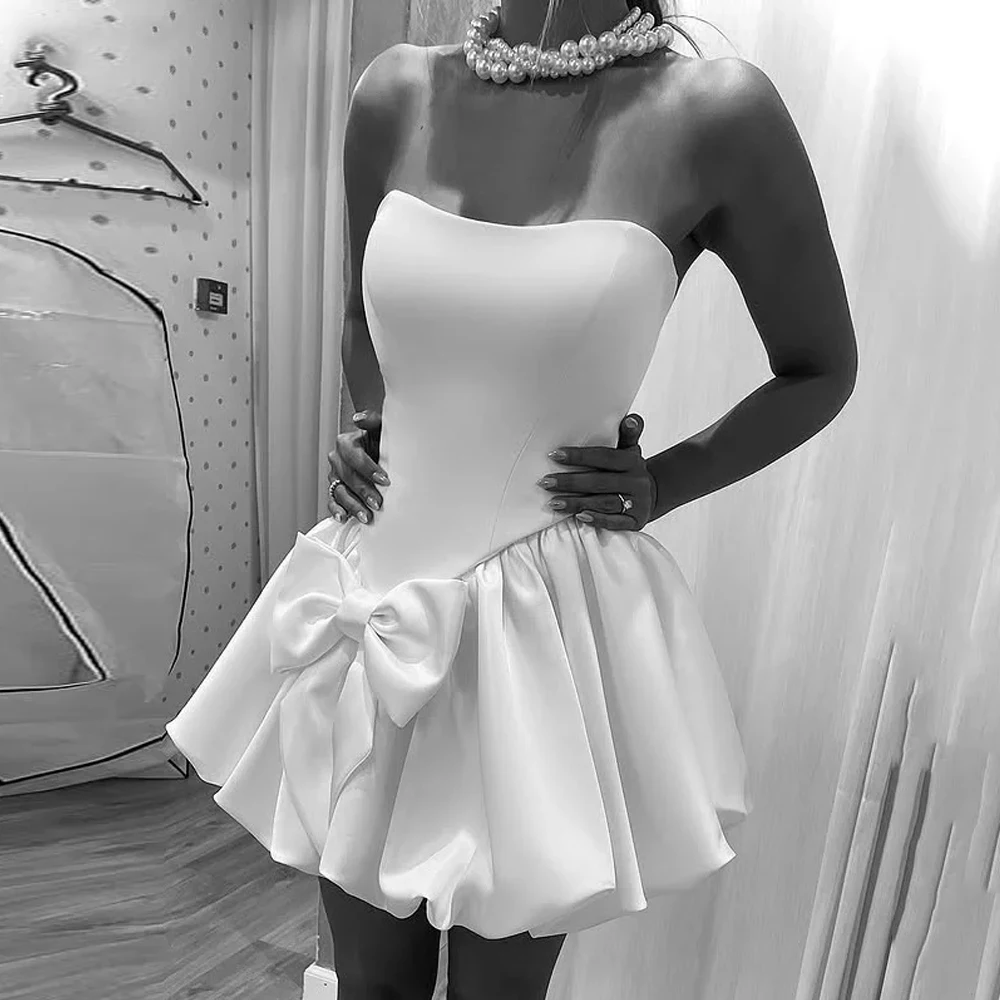 

Customized Mini Prom Dresses White Strapless Bow Dropped Waist Special Occasion Party Simple Satin Evening Dress Woman