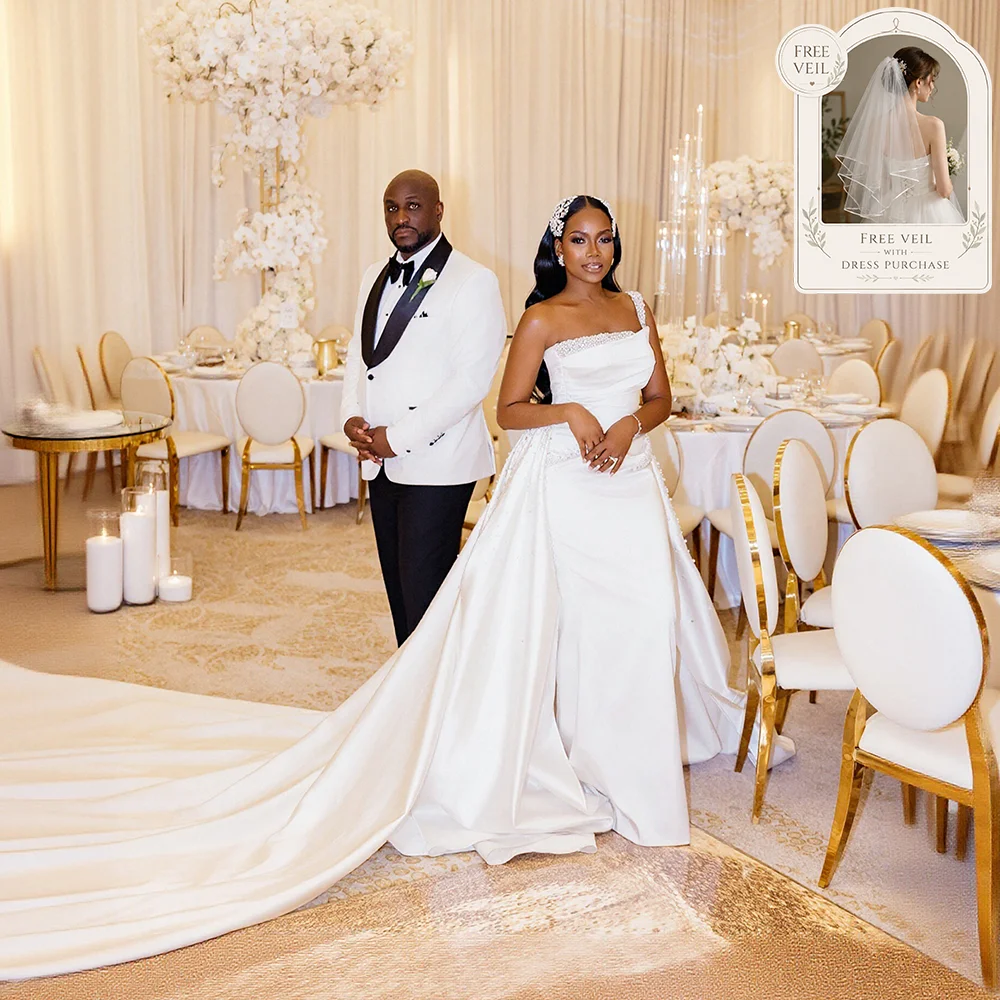 Pearls One Shoulder Wedding Dresses African Women Mermaid Detachable Train Bride Gowns vestidos de novia curvy Customized