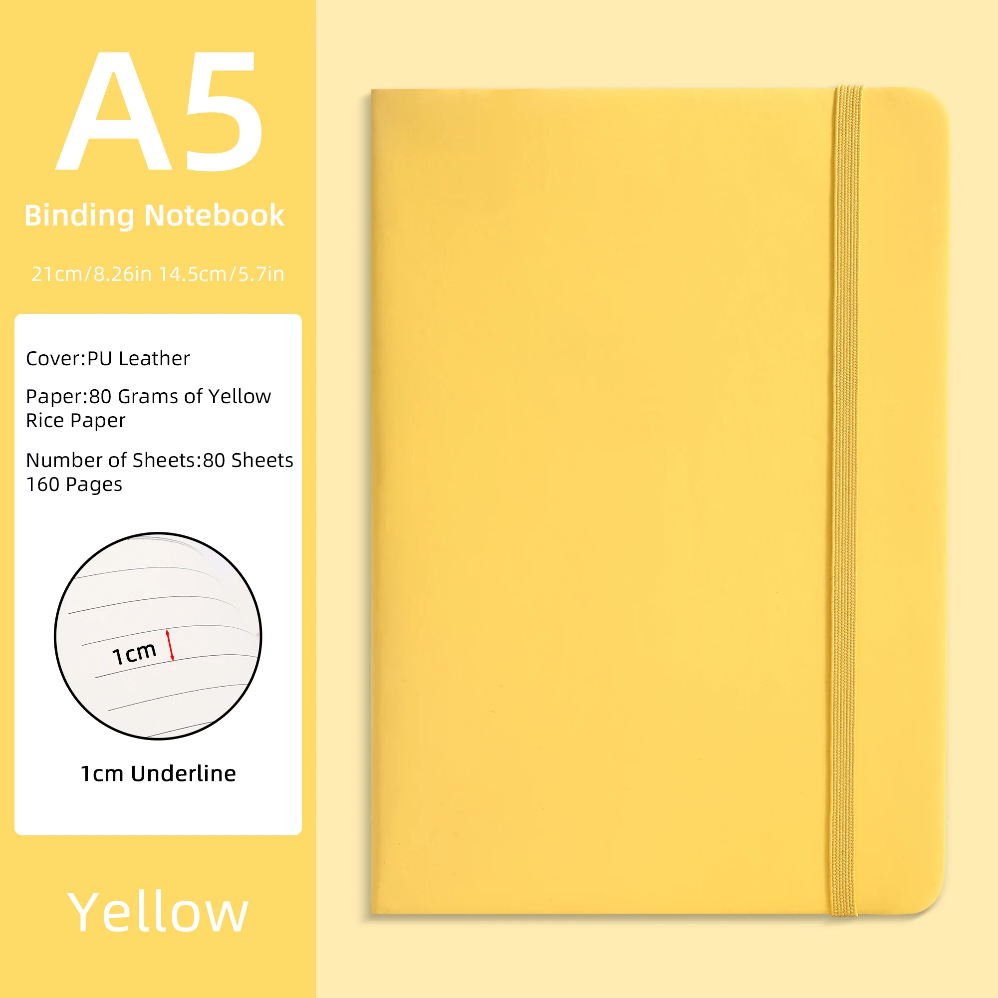 A5 PU-Leder Notizbuch - Lila, 80 Blatt (160 Seiten) 80g/m² Gelbes Reispapier, 1cm Unterstrichung, Hardcover-Journal mit Gummiband – Detail 10