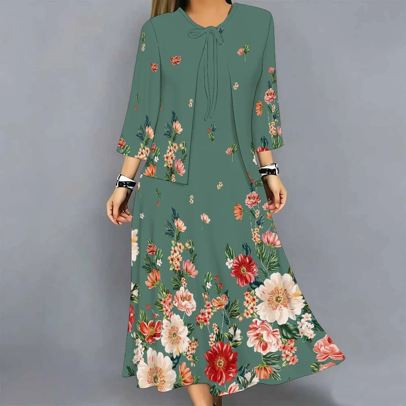 Women 2 Piece Dress Set Print 3/4 Sleeve Cardigan and Midi Dress Loose Casual Vacation Ladies Outfit