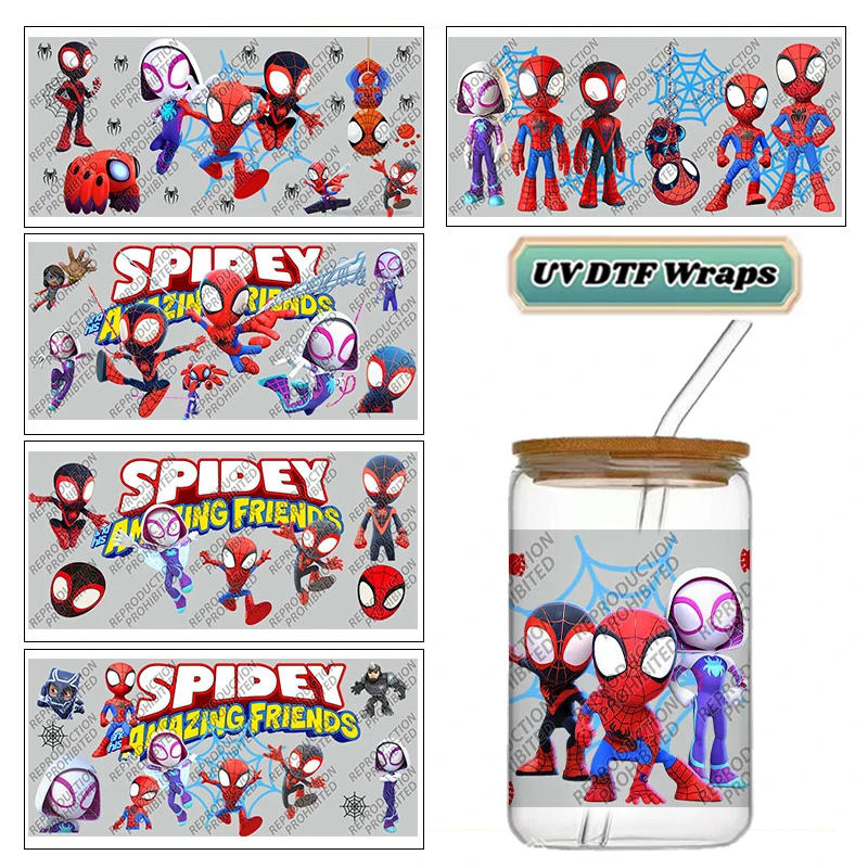 Cartoon Spider Hero Friends UV DTF Cup Wrap Stickers Waterproof No Heat Transfer for 16oz Libbey Glass Can DIY Tumbler Decal