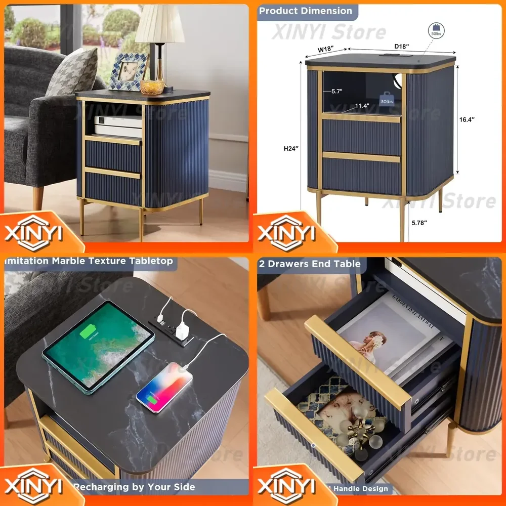 for OKD Modern Chic Fluted Nightstand with Charging Station End Table Bed Side Table 2 Drawers Faux Marble Top Gold Finish