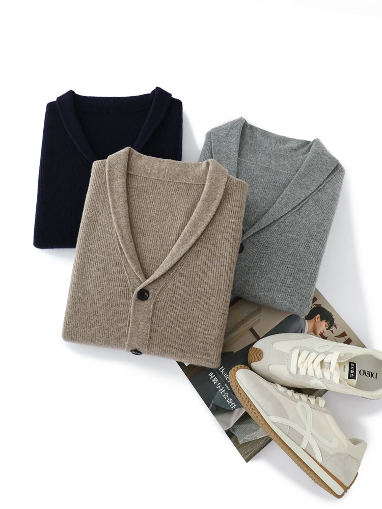 Роскошный мужской свитер из 100% мериносовой шерсти с v-образным вырезом, толстый вязаный теплый кардиган, осенне-зимняя кашемировая однотонная одежда с карманами