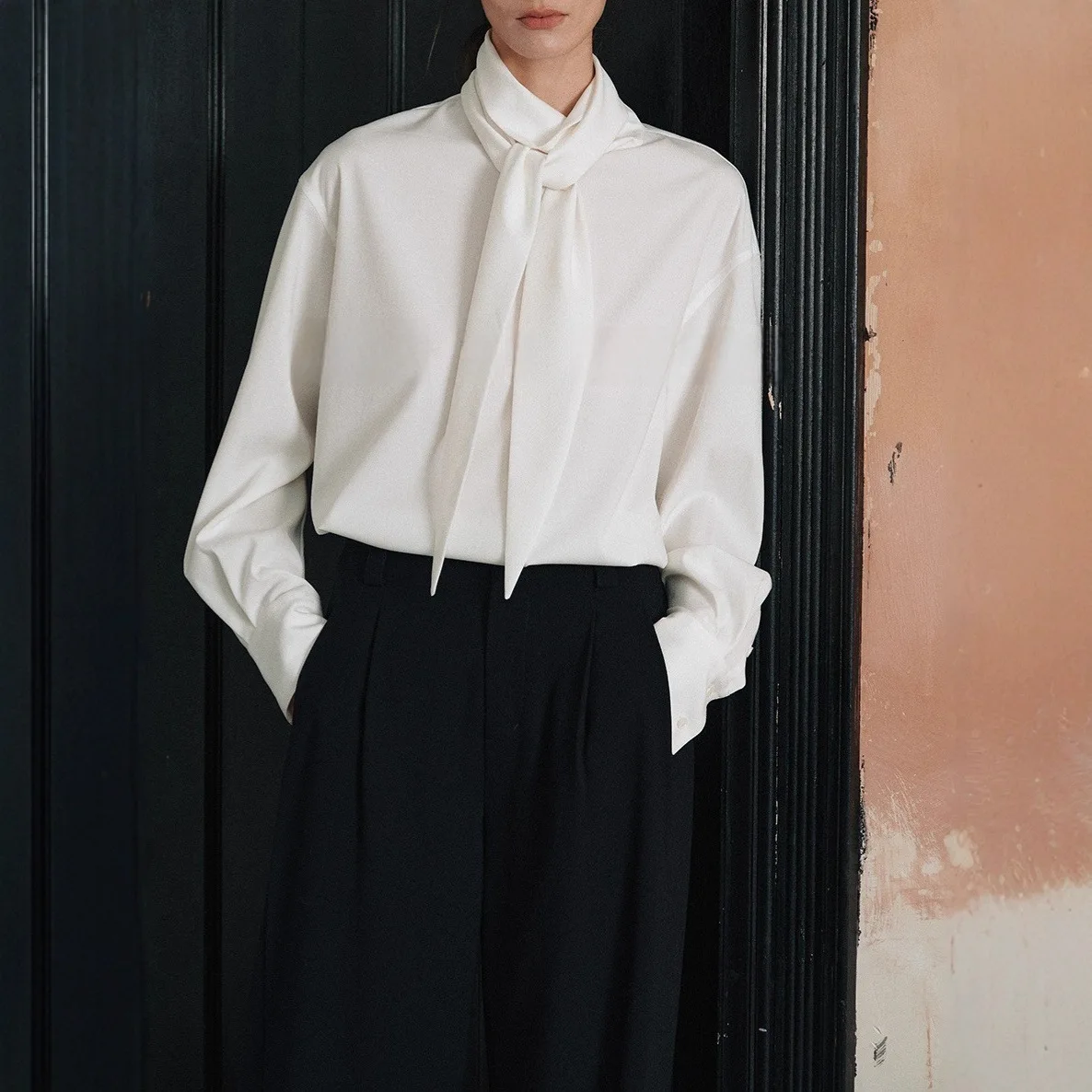 

Quiet Luxury TR Blend Shirt Detachable Tie Detail Convertible Blouse Sophisticated Versatile Workwear Top