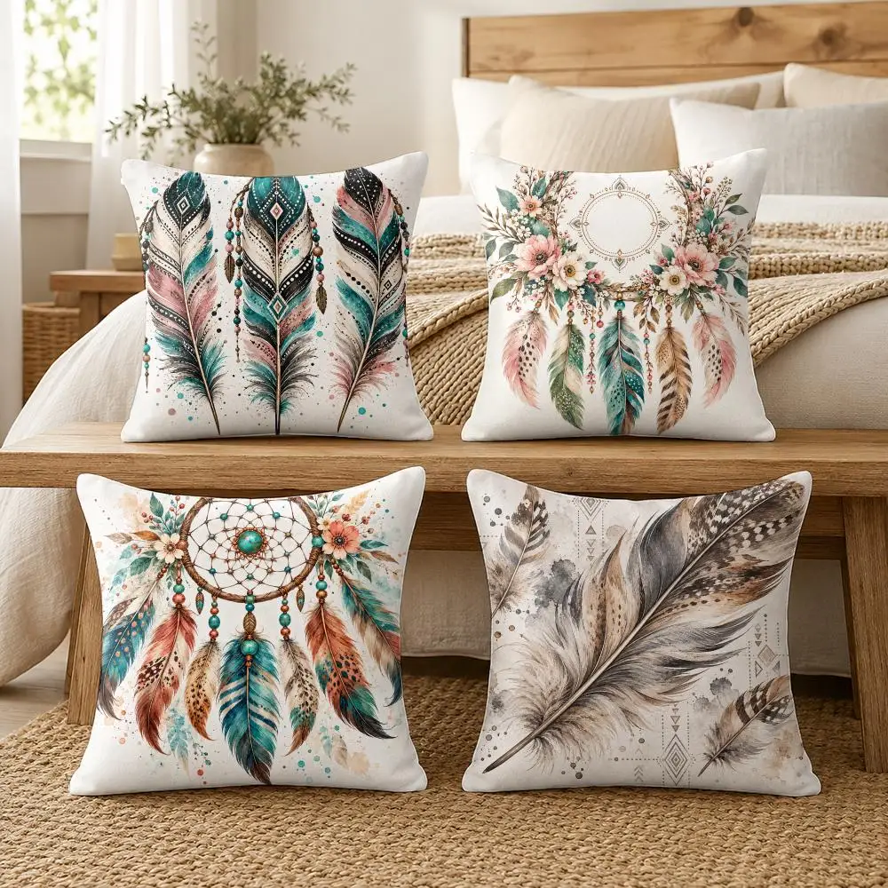 Feather Colorful Bird Feathers Boho Cushion Cover Soft Pillow Cases Hidden Zipper Cutecore Sofa Bedroom Home Decor Gift