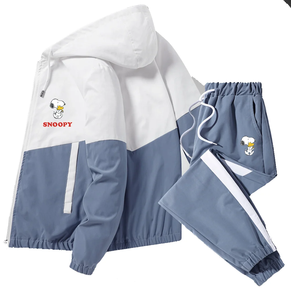 Men Casual Sets Snoopy Print Mens Hooded Tracksuit Sportswear Jackets+Pants 2 Piece Sets Hip Hop Waterproof Sports Suit