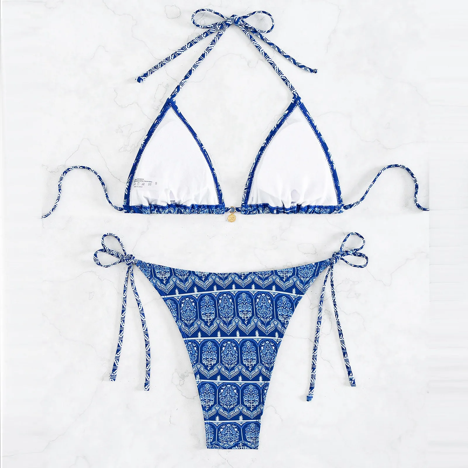 2025 Boho Flower Bikini Set Women'S Floral Print Blue Patterned Bathers Bohemian Style Halter Neck Strap Swimsuit Bathing Set