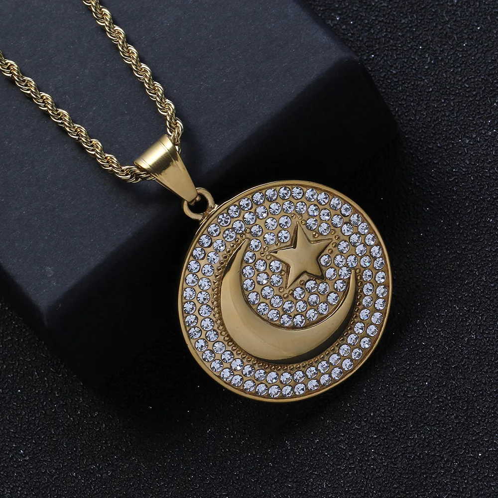 Exquisite Zircon Islamic Muslim Star and Moon Round Pendant Necklace for Men and Women Religious Amulet Jewelry image 5