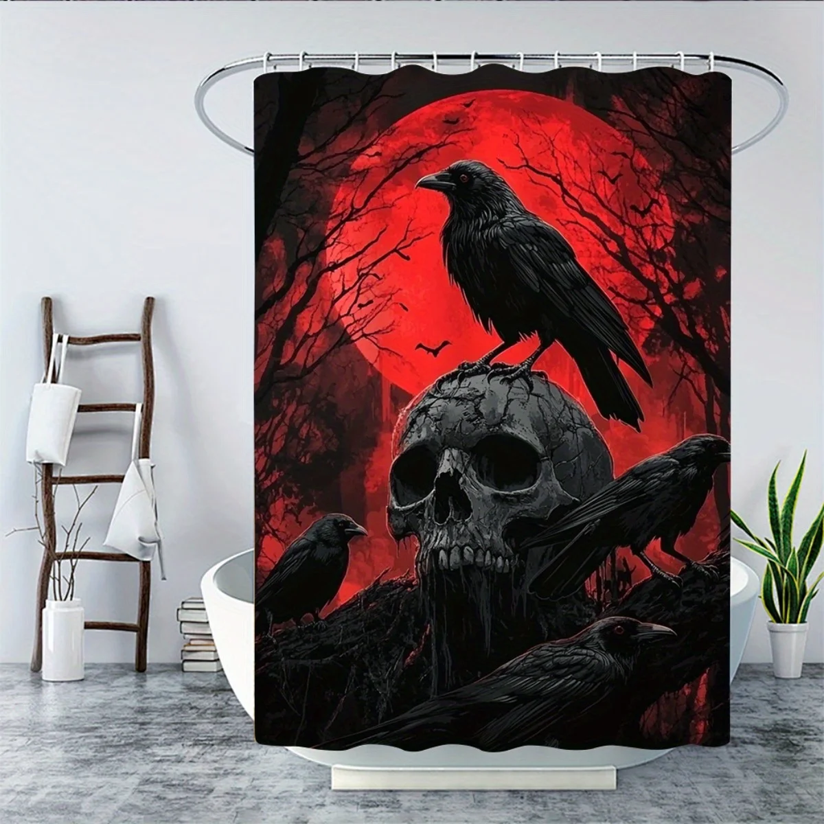 4pc 2D Flat Day of the Dead Bathroom Set, Spooky Gothic Skull & Crow Pattern, Non-Slip Bath Mats, Toilet Lid Cover