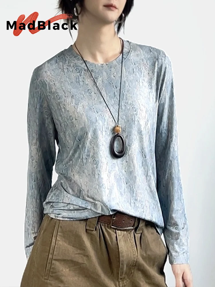 

MadBlack-Women European T-Shirt, Sexy O Neck Printed, Fashion Long Sleeve Slim M-2XL Elastic Mesh Tee, 2025 Winter New T5N601CC