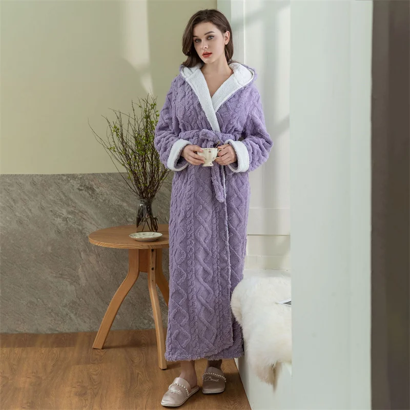 Thick Women Warm Bathrobe Solid Hooded Warm Ladies Dressing Gown Long Sleeve Flannel Bath Robe For Female