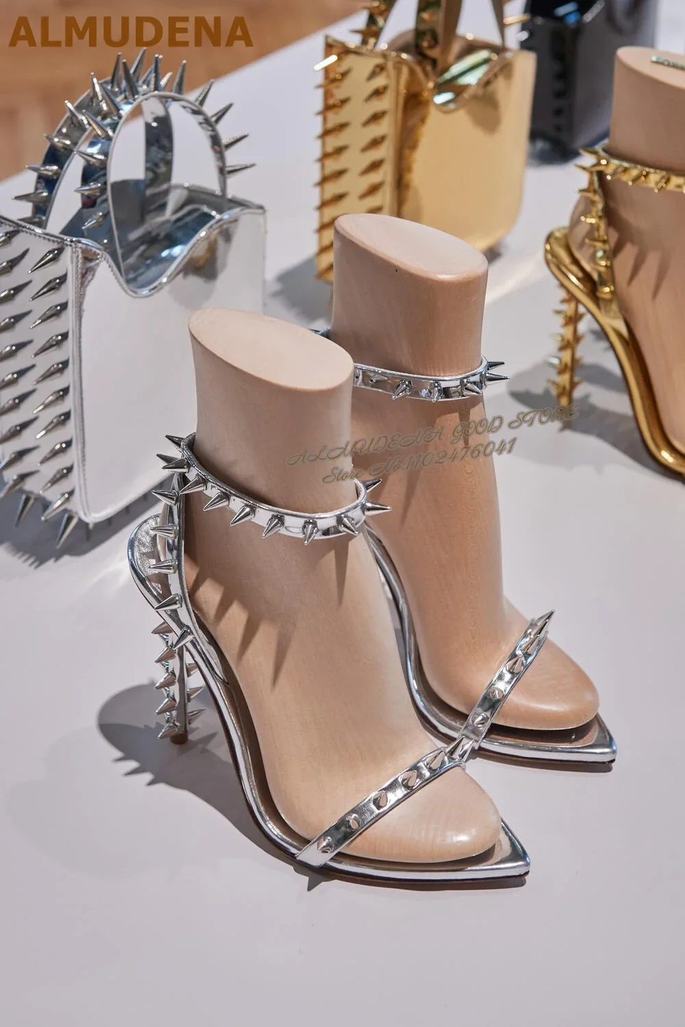 ALMUDENA Golden Metallic Rivets Thin High Heel Sandals Pointed Toe Buckle Strap Spikes Dress Shoes Single Band Elegant Footwear