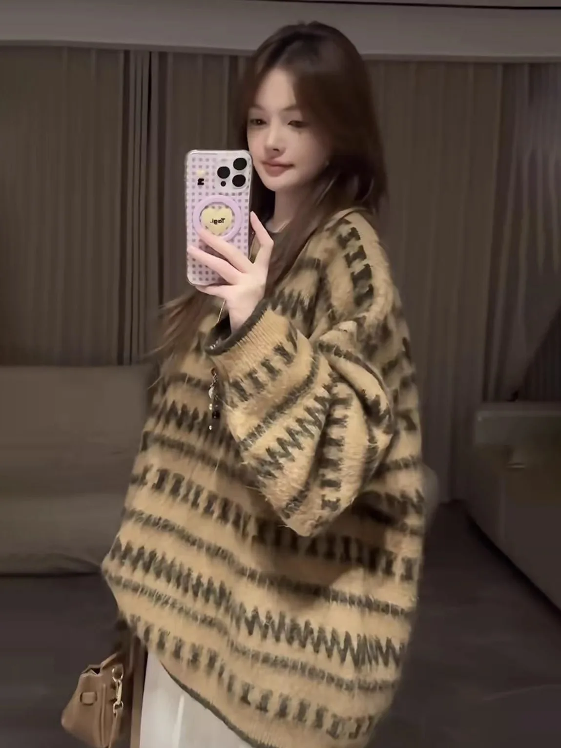 

Свободный крой, полосатый свитер Camere, женский осенне-зимний корейский свитер, элитный вязаный топ средней длины