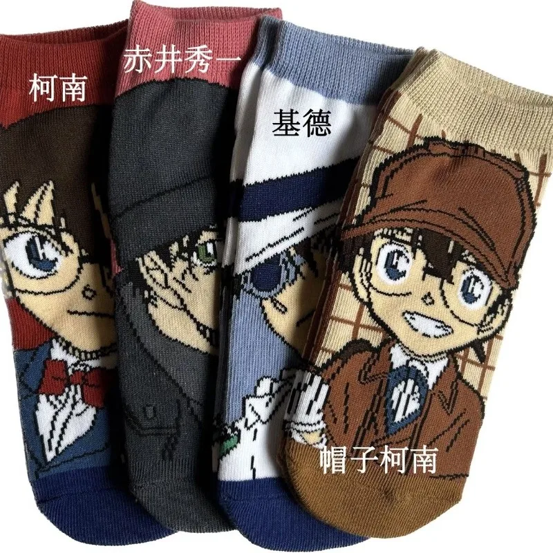 4 Pairs New Conan Breathable Cartoon Cute Girls Innovative Crew Socks SanrioGift Love Combed Cotton Women's Crew Socks Gift