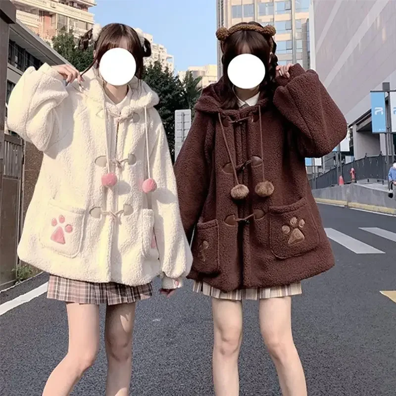 Imagem -03 - Cabolsa com Capuz Feminino Kawaii Panda Jaqueta Estilo Japonês lã de Cordeiro Parka Espessa Garra de Chapéu Universidade Faculdade Outono Inverno