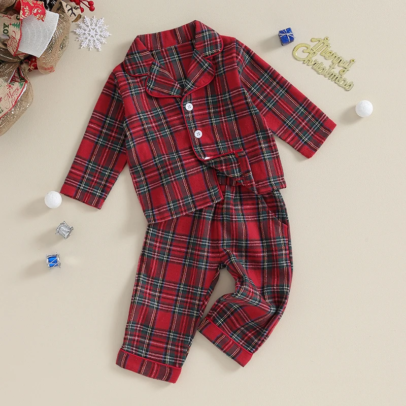 Toddler Baby Boys Girls Flannel Christmas Pajamas Plaid Button Down Shirt with Long Pant Kids 2 Piece PJS Set Cotton Sleepwear