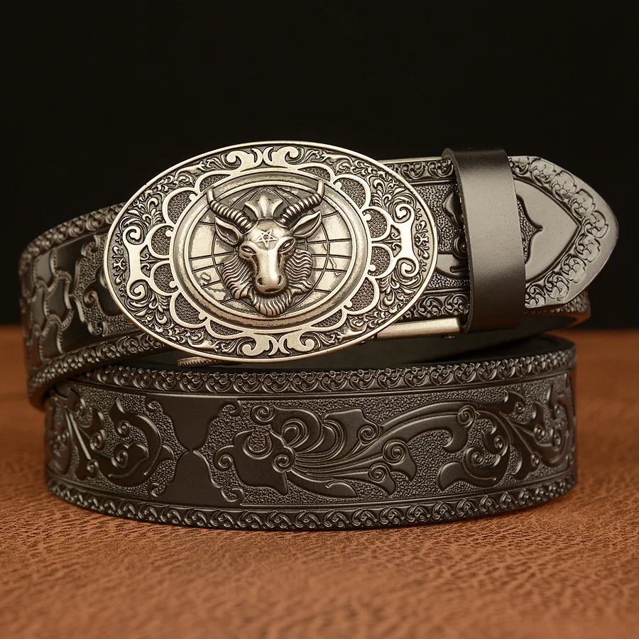 Cinturón de cuero genuino de alta calidad para hombres, cabeza de oveja Retro, hebilla automática, moda clásica, tallado personalizado, cinturón