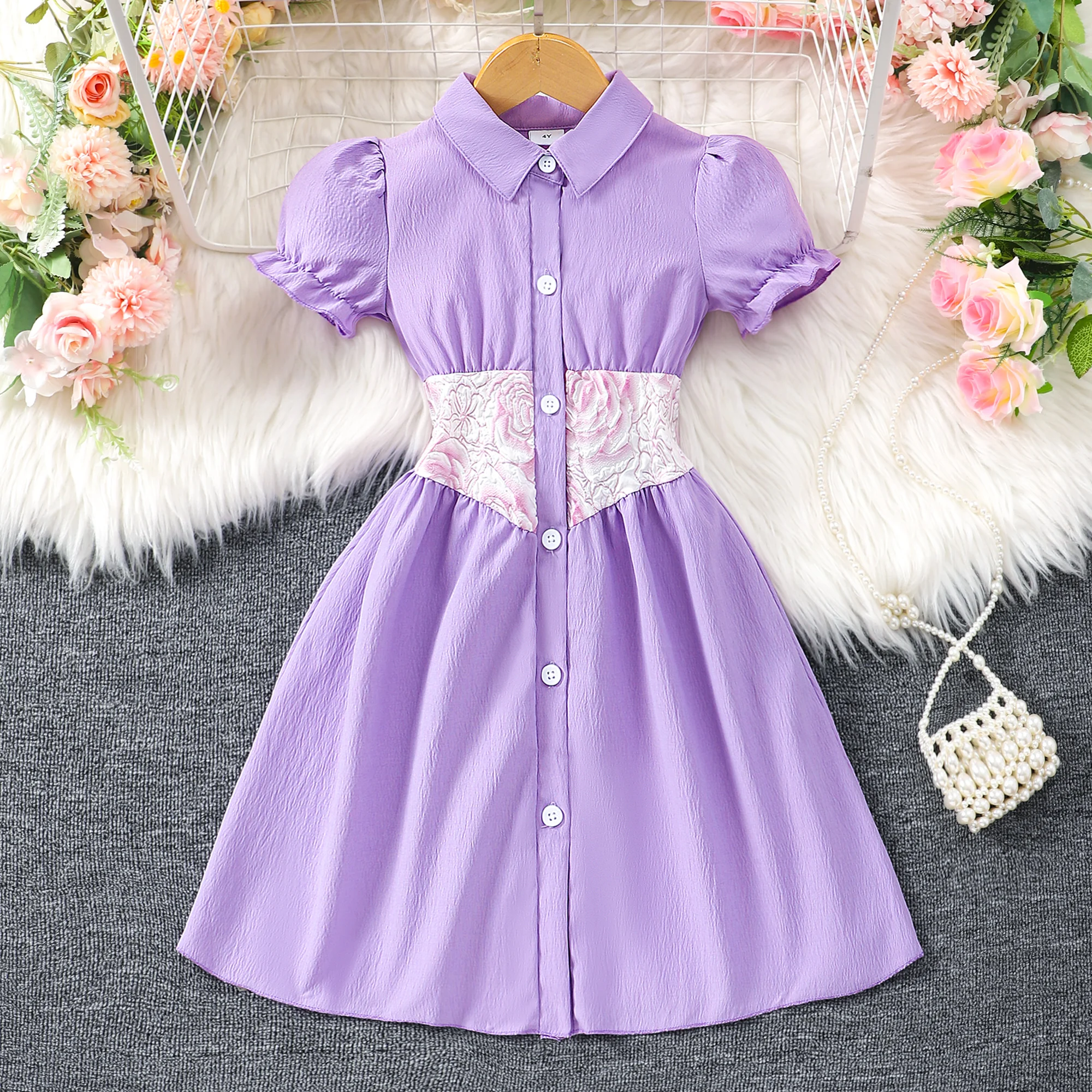 Kid Girls Dress Short Sleeve Summer Purple Fold-over Collar Single Row Buckle Children Dress Special Waist Flower Girls Clothing