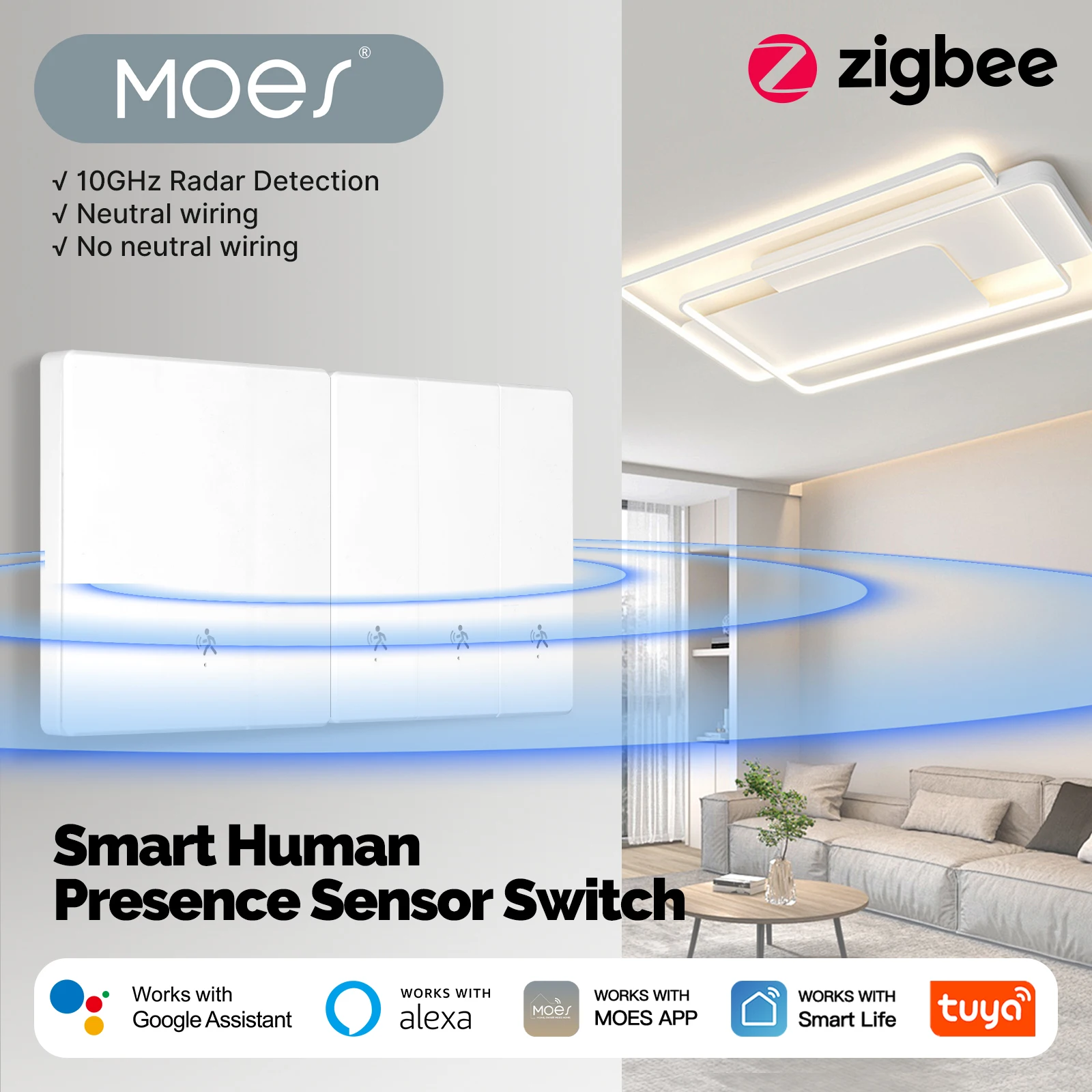 MOES Zigbee Smart Human Presence Sensor mmWave Radar Light Switch Compatible with Alexa Google Home Neutral Wire Optional