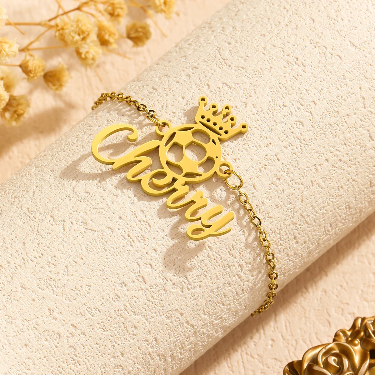 Stainless Steel Gold Color Sport Football Crown Custom Name Bracelets for Women Men Adjustable Soccer Bracelet Birthday Gifts