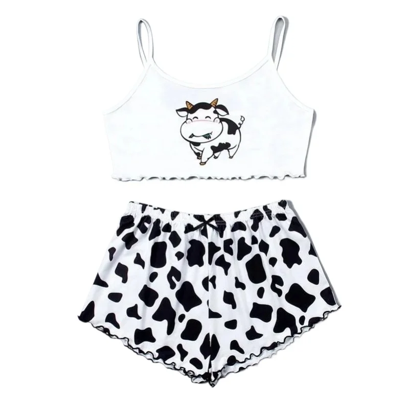 Cute Cow Print Sleeveless Top and Shorts Sleepwear for Women 2 Pieces Pajamas Set Casual Homewear Loungewear Pijamas